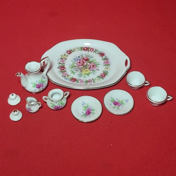 VTG Miniature Tea Set Pink Roses Gold Trim 10 Pc - Picture 6 of 11